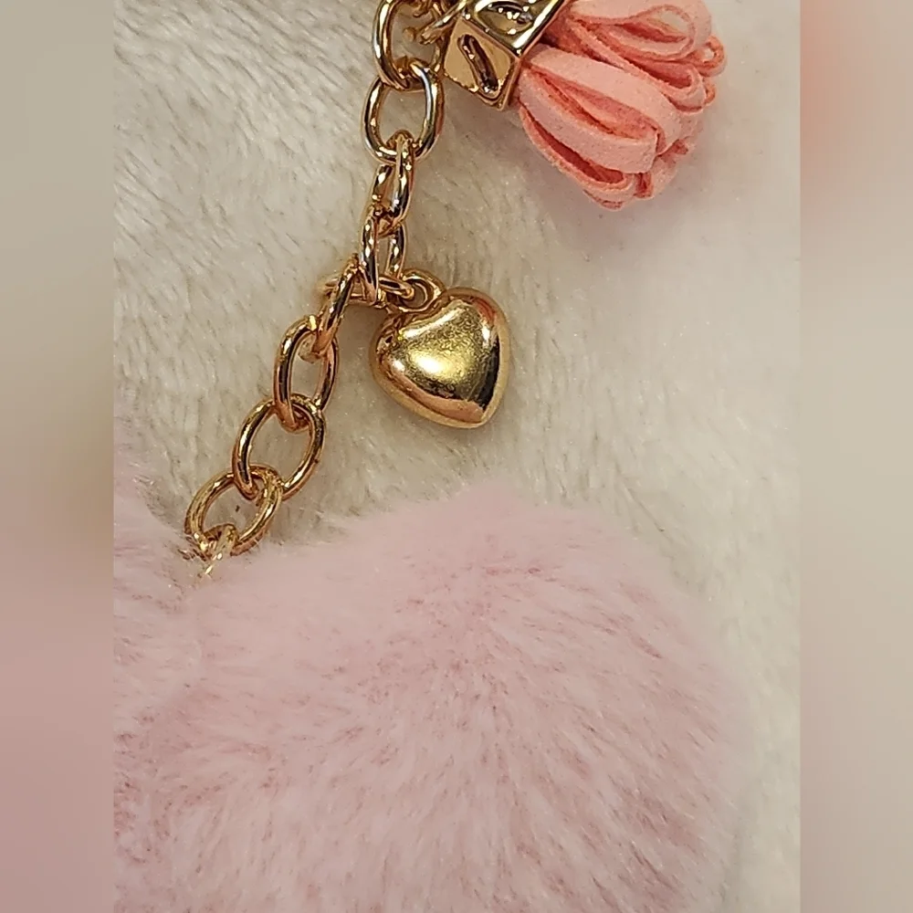 Pink Heart-Shaped Fluffy Keychain with Gold Accents Bag Charm